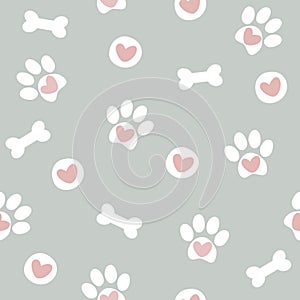 Seamless pattern with pet paw, bone and hearts. Dog footprint background.