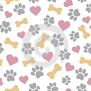 Seamless pattern with pet paw, bone and hearts. Vector illustration on white background.