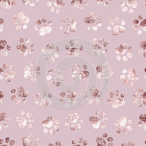 Seamless pattern pet prints. Paw patterns with foil effect. Cute pink marble background. Pastel color. Repeated delicate texture.