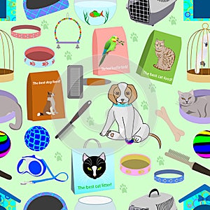 Seamless pattern for a pet shop, consisting of 22 different elements