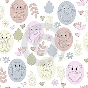 Seamless pattern with pets. Cute sheep, bull, mumps and dogs, with elements of plants leaves and flowers