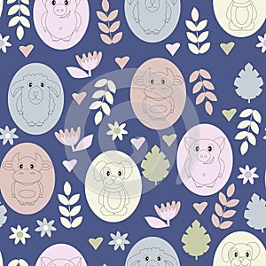 Seamless pattern with pets. Cute sheep, bull, mumps and dogs, with elements of plants leaves and flowers