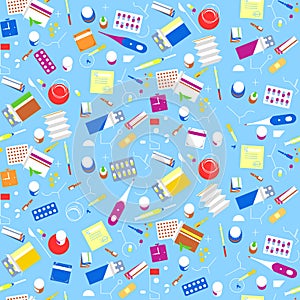 Seamless pattern pharmacy drugs background. Medicine icon pills