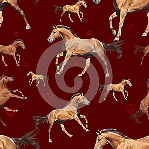 Seamless pattern photo red horse with hearts on red background creative illustration.