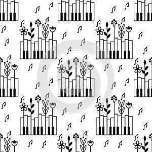 Seamless pattern with piano keys, plants and notes. Nature and music. Background for a music festival, Wallpaper, cover. Black and