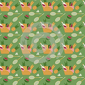 Seamless pattern with picnic basket and badminton set