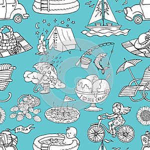 Seamless pattern with picnic, beach vacation, camping, traveling concept objects on blue