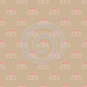 Seamless pattern pie with red ribbon in kraft background.