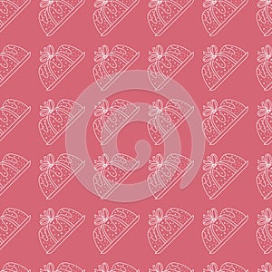 Seamless pattern pie with ribbon in pink background