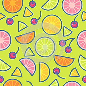 Seamless pattern. Pieces of oranges, limes, lemons and cherries on a green background.