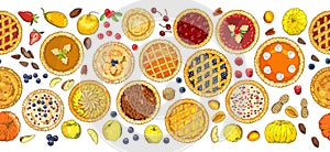 Seamless pattern of pies with different toppings. Vector illustration isolated on white