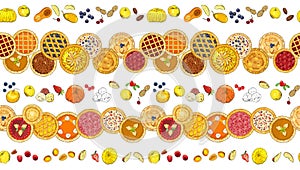 Seamless pattern with pies, fruits, nuts, apples, pumpkins, berries