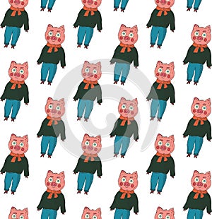 Seamless pattern. Pigs in a sweater, jeans and a scarf on a white background.