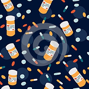 Seamless pattern with pills and bottle pills flat vector illustration on dark background