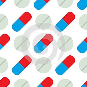 Seamless pattern with pills and capsules background simple flat painkiller pharmaceutical vector illustration.