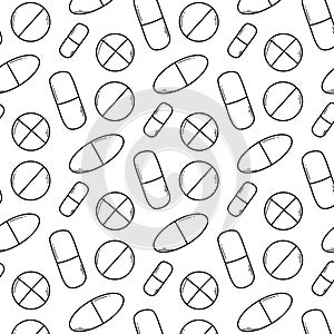 Seamless pattern with pills, vitamins and capsules. Medical print with drugs. Vector illustration.