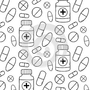 Seamless pattern with pills, vitamins and capsules. Medical print with drugs. Vector illustration.