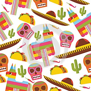 Seamless pattern with pinata, sombrero hat, scull, taco and cactus. Design dedicated to mexica and mexican traditional objects photo