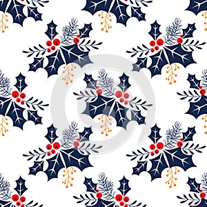 Seamless pattern, pine branches, red berries and holly leaves on a white background. Print, christmas background, textile