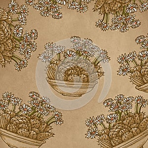 Seamless pattern with pine cones and chamomile flowers