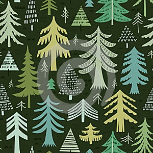 Seamless pattern with pine trees on green background. Stylized forest background. Vector illustration