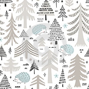 Seamless pattern  with  pine trees and hedgehogs. Vector background in scandinavian style