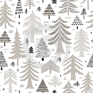 Seamless pattern  with  pine trees. Stylized forest background. Vector background in scandinavian style