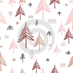 Seamless pattern with pine trees on white background. Stylized forest background. Vector illustration