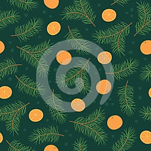Seamless pattern with pine twigs and oranges on green background. Good for fabric, wallpaper, packaging, textile, web