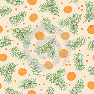 Seamless pattern with pine twigs and oranges on pink background. Good for fabric, wallpaper, packaging, textile, web