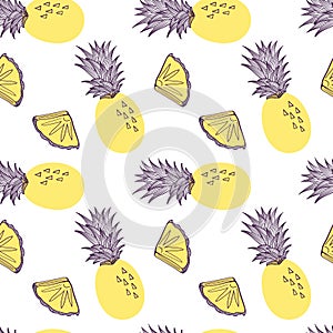 Seamless pattern of pineapple. Fruit and slice of exitix tropical. Vector hand drawn illustration set in modern trendy