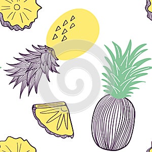 Seamless pattern of pineapple. Fruit and slice of exitix tropical. Vector hand drawn illustration set in modern trendy