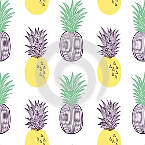 Seamless pattern of pineapple. Fruit and slice of exitix tropical. Vector hand drawn illustration set in modern trendy flat style