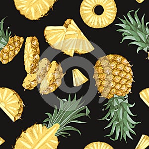 Seamless pattern with pineapple fruits and pices