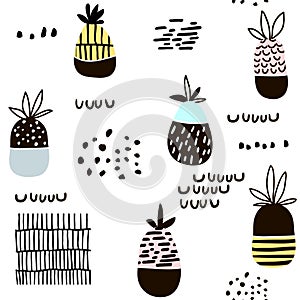 Seamless pattern with pineapple. Modern minimalistic texture with hand drawn shapes and exotic fruits. Great for fabric, textile.