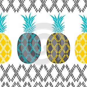 Seamless pattern with pineapples and geometric designs.