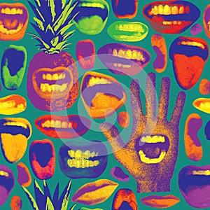 Seamless pattern with pineapples, human mouths and palm hand