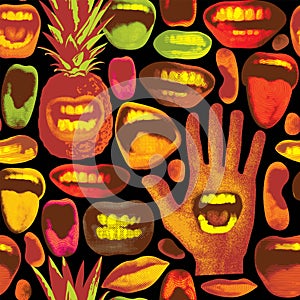 Seamless pattern with pineapples, human mouths and palm hand