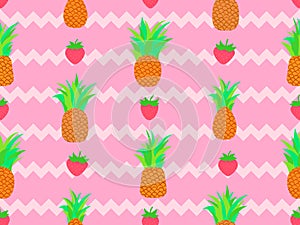 Seamless pattern with pineapples and strawberries on a striped background. Stripes on the background in the form of zig zags. photo