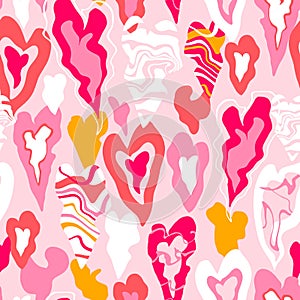 Seamless pattern with pink abstract hand drawn hearts. Creative wave hearts texture. Vector background for fabric, textile,