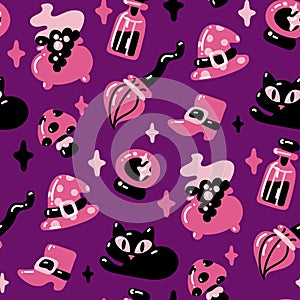 Seamless pattern in pink and black colors for Halloween. Witch, hat, broom, boot, cat, glass ball, poison on purple