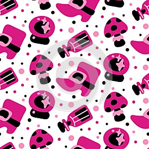 Seamless pattern in pink and black for Halloween. Witch, shoe, glass ball, poison, fly agaric on a white background
