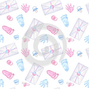 Seamless pattern pink blue baby pacifier, palm, handprint, footprint, envelope. Boy or girl. Hand drawn watercolor
