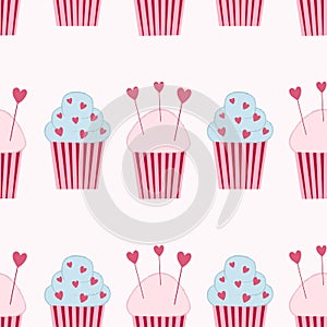 Seamless pattern with pink and blue cupcakes with hearts. Valentine's day sweets. Flat vector