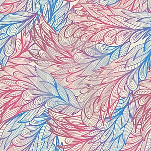 Seamless pattern with pink and blue feathers