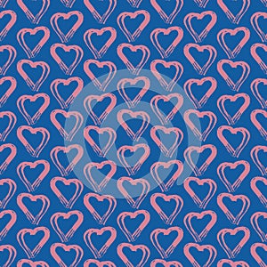 Seamless pattern pink blue heart brush strokes lines design, abstract simple scandinavian style background grunge texture. trend