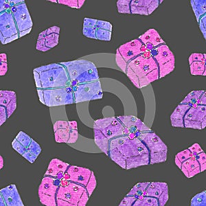 Seamless pattern with pink, blue and purple presents boxes. Watercolor hand drawing sketch illustration on grey
