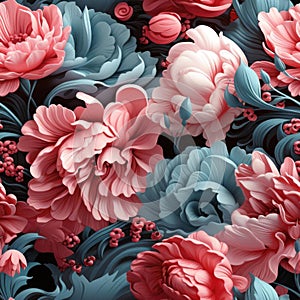 Seamless pattern of pink, blue, and red flowers in realistic and hyper-detailed renderings (tiled)