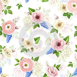 Seamless pattern with pink, blue and white flowers. Vector illustration.