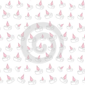 Seamless pattern of pink burning scented candles on a white background. Continuous one line drawing. Ideal for print